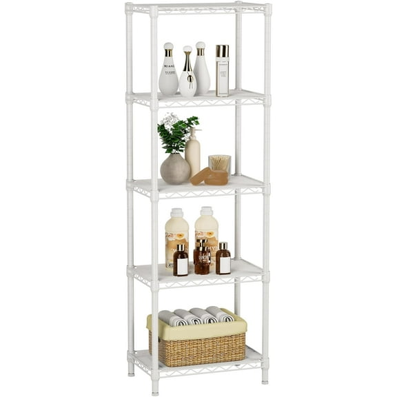 Small 5 tire Shelves Storage Wire Shelving Unit Metal Shelf Adjustable Organizers Storage Shelving for Bathroom Laundry Room Kitchen Pantry10D x 16W x 55H White