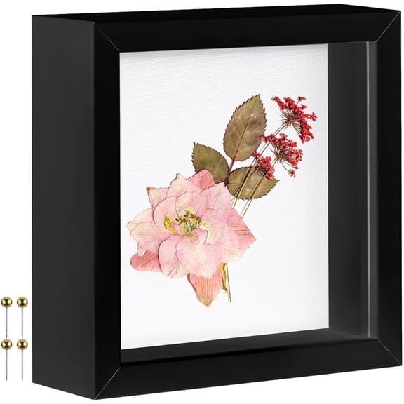 Small 5x5 Shadow Box Frame with Linen Background & Metal Push Pins, Plexiglass Front Memory Display Box, Black