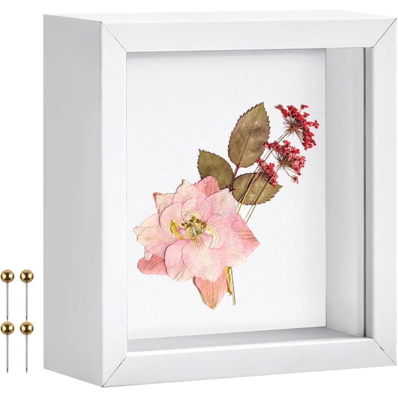 Small 5x5 Shadow Box Frame with Linen Background & Metal Push Pins, Plexiglass Front Memory Display Box, White