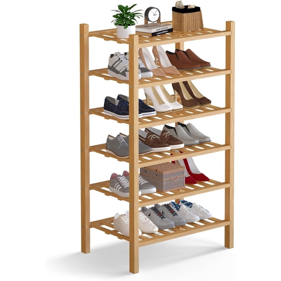 Small 6 Tier Bamboo Shoe Rack Storage Organizer,Multifunctional Free Standing Stackable Shoe Shelf with Grid Panel for Closet,Hallway,Entryway,Small Space 18"x11"x34"