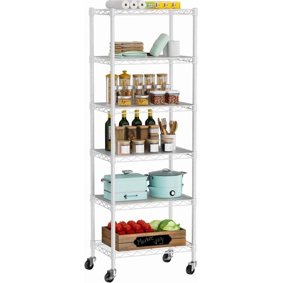 Small 6 Tier Shelf Storage Wire Shelving Unit Metal Shelves Adjustable Organizers Storage Shelving with Wheels for Bathroom Laundry Room Kitchen Pantry12”D x 18”W x 61.6”H White