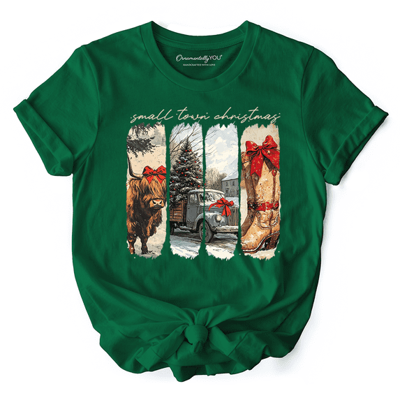 Small Town Christmas T‑Shirt, Highland Cow Rustic Western Cowgirl Holiday Tee