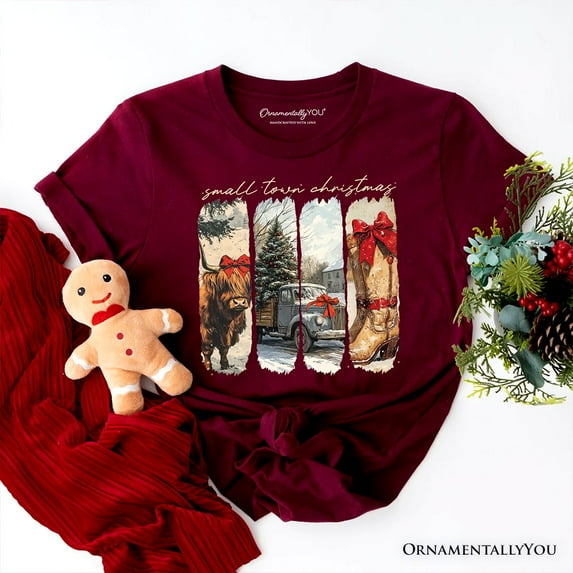 Small Town Christmas T‑Shirt, Highland Cow Rustic Western Cowgirl Holiday Tee