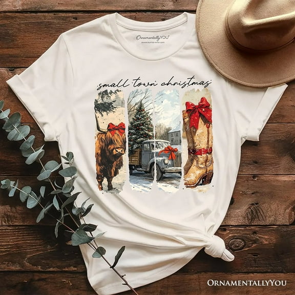 Small Town Christmas T‑Shirt, Highland Cow Rustic Western Cowgirl Holiday Tee