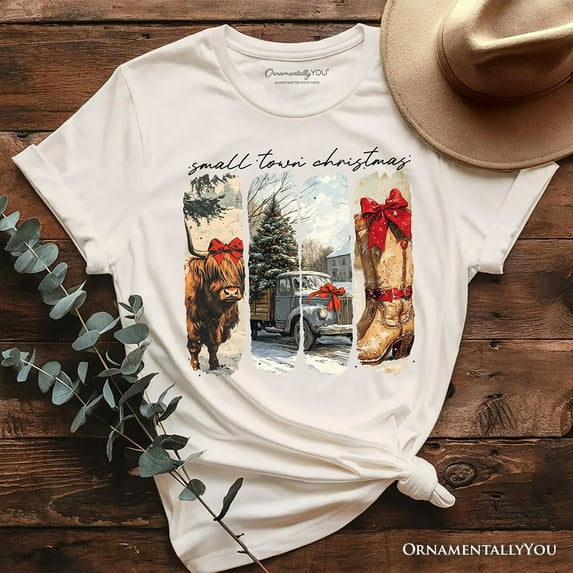 Small Town Christmas T‑Shirt, Highland Cow Rustic Western Cowgirl Holiday Tee
