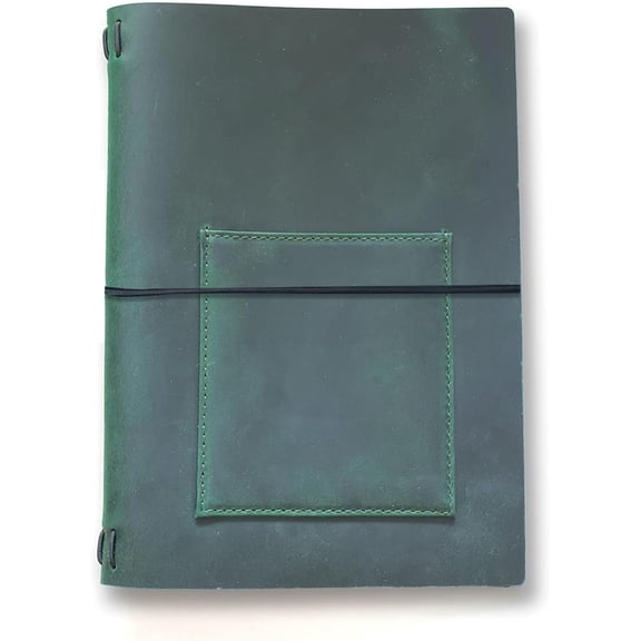 Small A5 Travelers Notebook Cover, Refillable Leather Journal Cover for 5.5 x 8.5 Inserts, Personal Planner Organizer Case for Writing/Diary, 6 x 9 in with Pocket, Gift for Women Men, Green