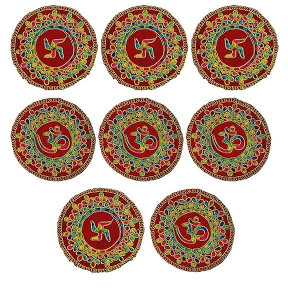 Small Aasan for God Idol with Om Swastik Red Velvet Cloth, Small Red Aasan for Pooja and God Idol Red Puja Cloth for Mandir, Temple, Set of 8 (Red Om and Swastik)