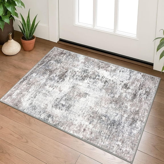 Small Abstract Area Rug 2x3 Entryway Rug Washable Door Mat Indoor Entrance, Washable Throw Rugs Non-Slip, Soft Beige Grey Kitchen Rugs Thin Print Faux Wool Floor Carpet for Foyer Front Door