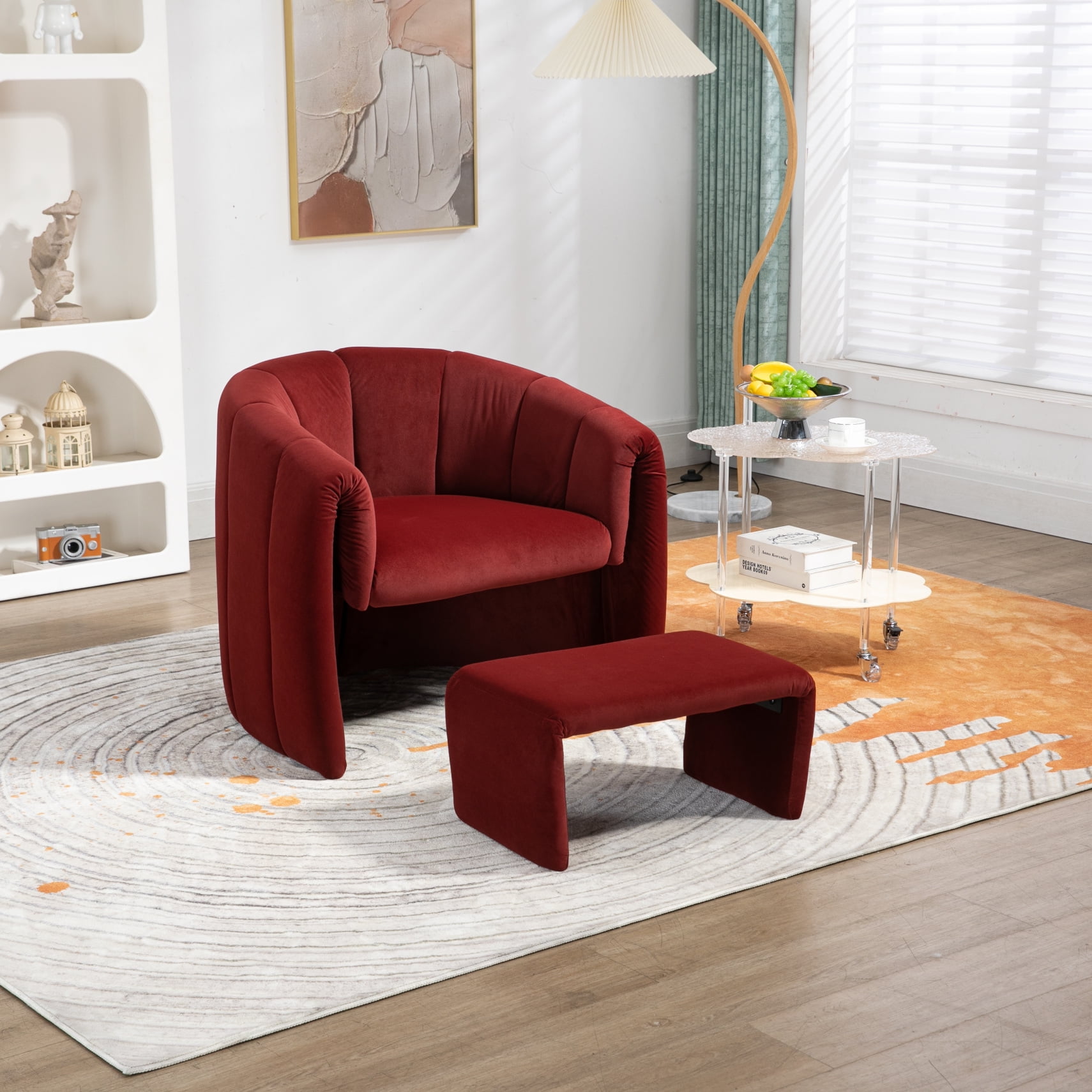 Small Accent Barrel Chair with Ottoman, Modern Sherpa Chair and Ottoman