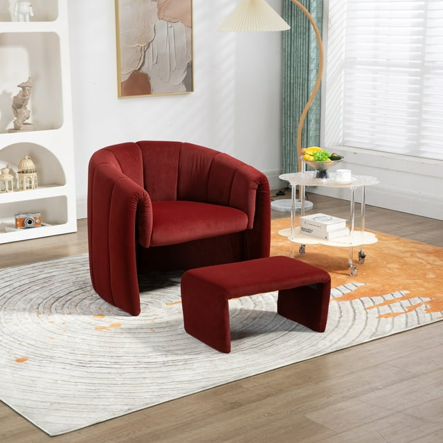 Small Accent Barrel Chair with Ottoman, Modern Sherpa Chair and Ottoman