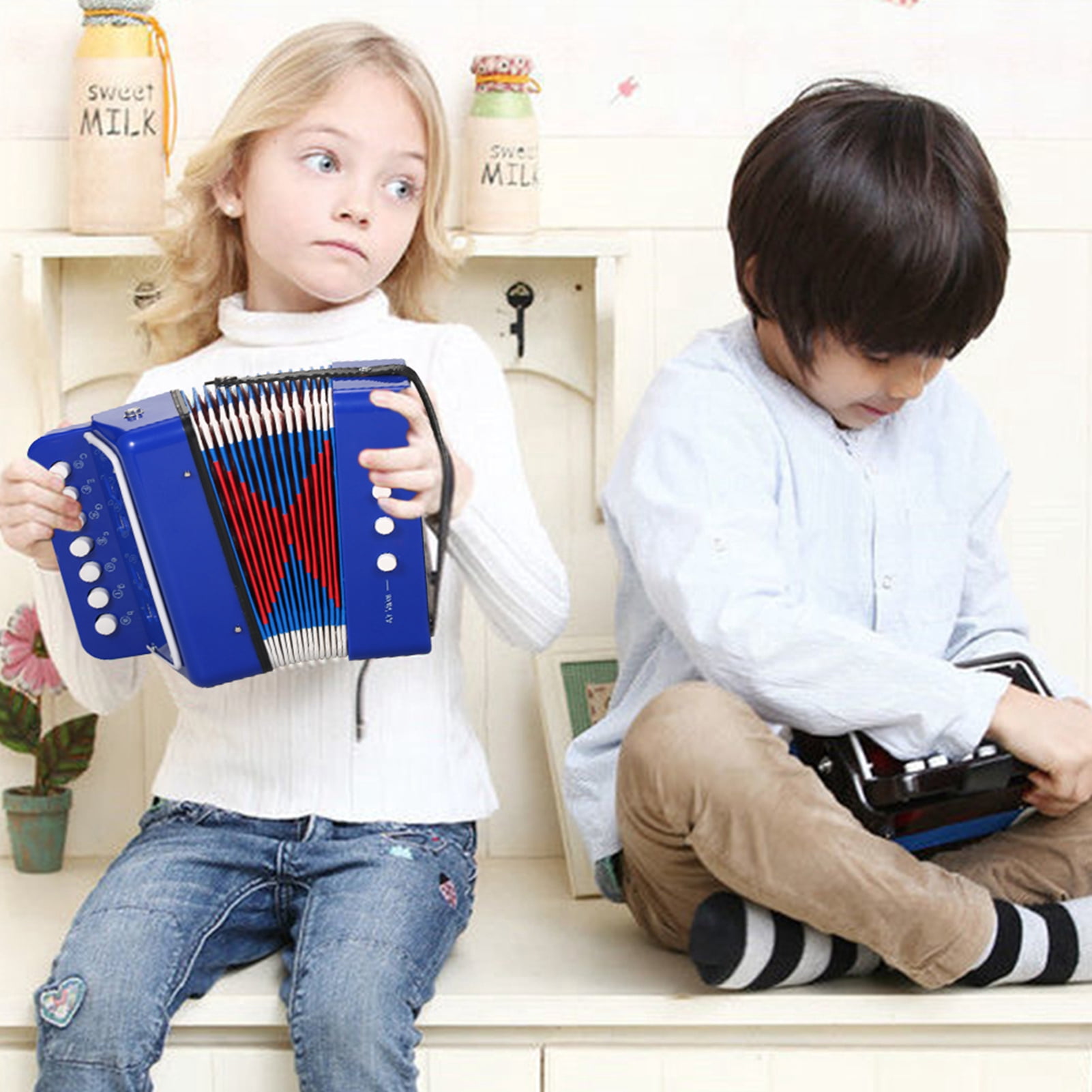 Small Accordion Educational Small Accordion Toy 7 Keys 2 Bass for Music Lovers Black Red Blue Kindergarten School Family