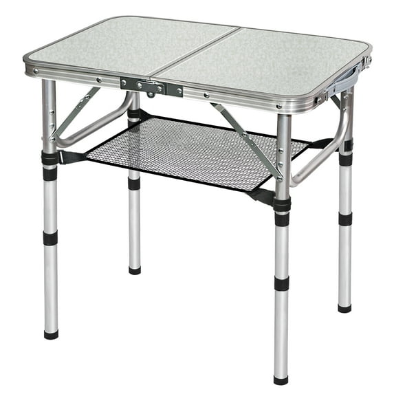 Small Adjustable Height Folding Table - Portable Camping Table with Mesh, White Metal Outdoor/Beach Table for Patio Grilling & Backpacking