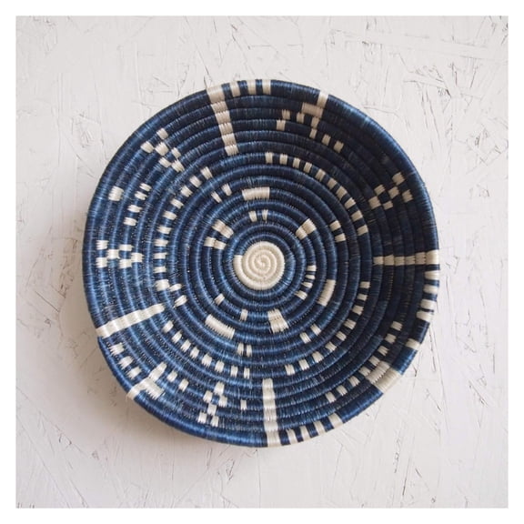 Small African Basket- Kigembe/Rwanda Basket/Woven Bowl/Sisal & Sweetgrass Basket/Blue, White