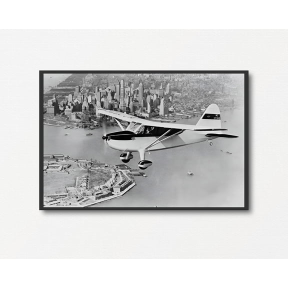 Small Airplane Flying Over New York City, Vintage Black And White Photo, Aircraft Wall Art, Aviation Photography Poster, Plane Lover Gift, Poster Only