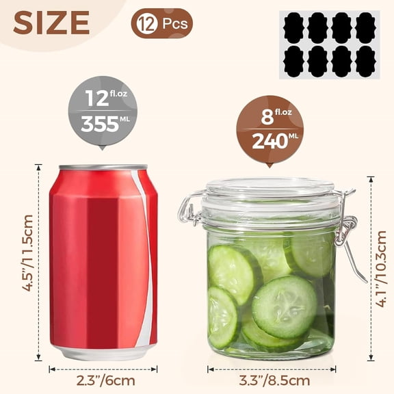 Small Airtight Glass Jars Set of 12 with Lid Food Storage Jar Round, Mini Storage Container with Clear Preserving Seal Wire Clip Fastening for Kitchen Canning, Jam, Spice, Honey, Mason Jars