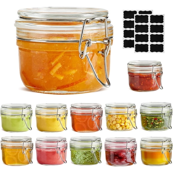 Small Airtight Glass Jars Set of 12 with Lids Food Storage Jar Round, Mason Jar, Mini Storage Container with Clear Preserving Seal Wire Clip Fastening for Kitchen Canning, Jam, Spice, Honey