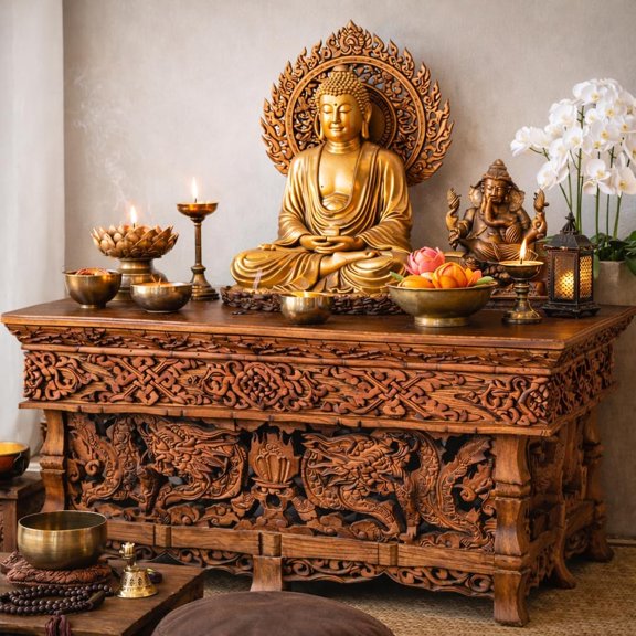 Small Altar Table, Meditation Table Altar, Small Puja Table, Meditation Altar Wood Wiccan Buddhist, Tea Japanese, Low Side Dragon (Large)
