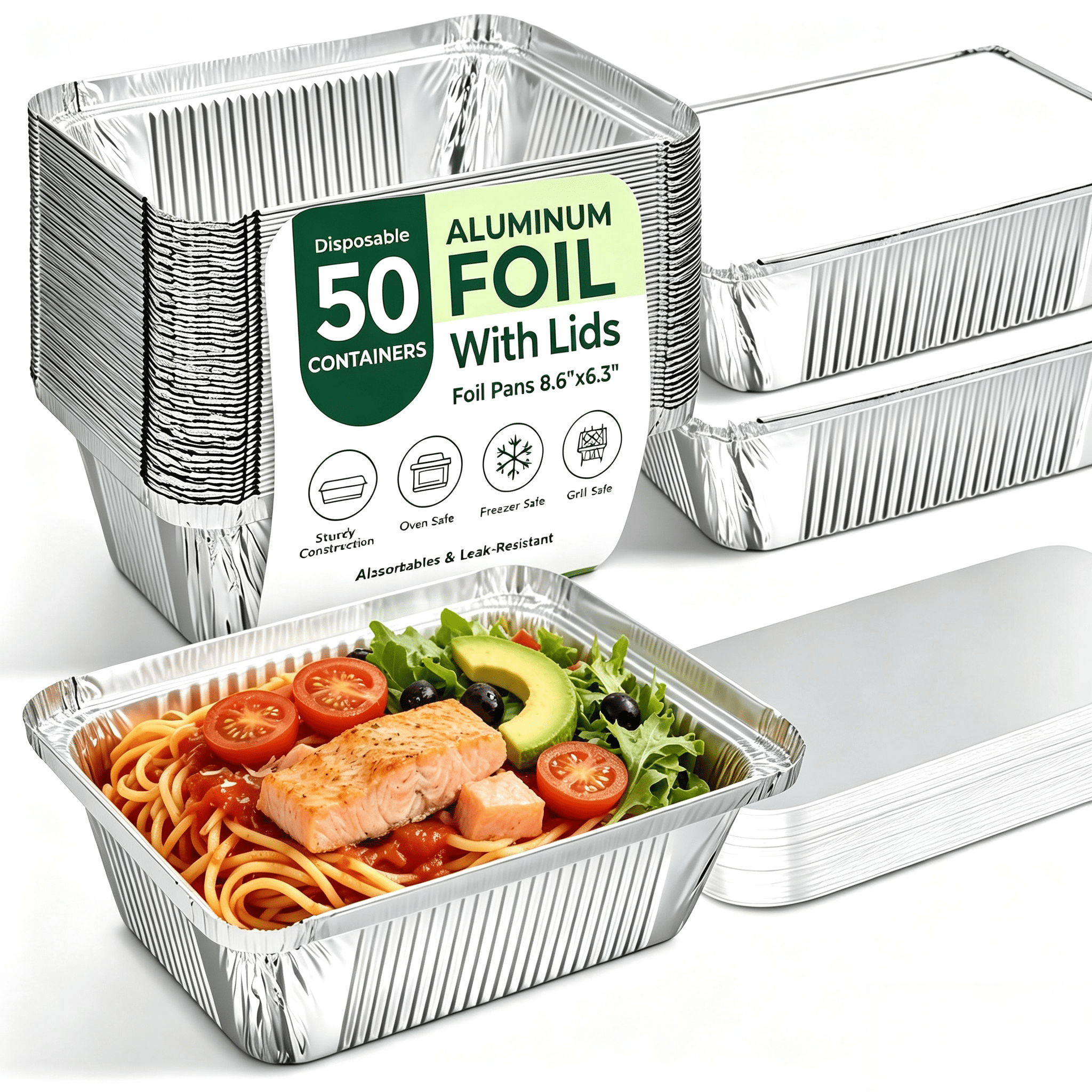 50 Pack Aluminum Pans with Lids, 8.6"6.3" Disposable Tin Foil Pans with Lids, Disposable Aluminum Food Containers with Lids for Take-out, Meal Prep, Freezer, Food Storage & To-Go