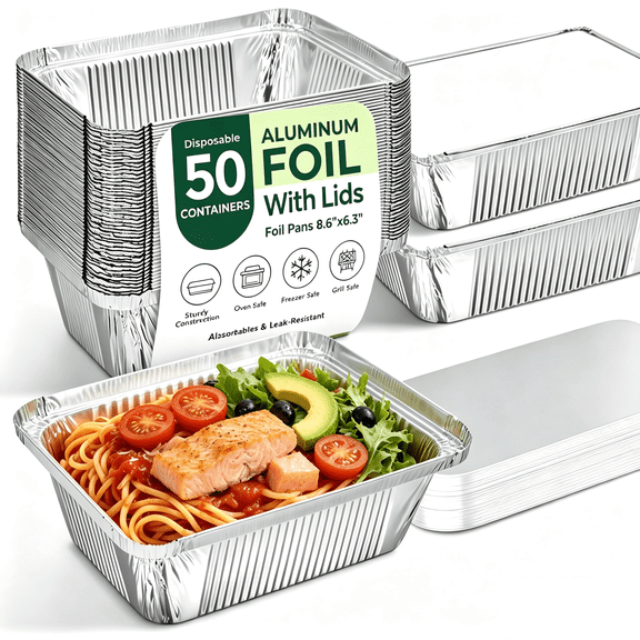 50 Pack Aluminum Pans with Lids, 8.6"×6.3" Disposable Tin Foil Pans with Lids, Disposable Aluminum Food Containers with Lids for Take-out, Meal Prep, Freezer, Food Storage & To-Go