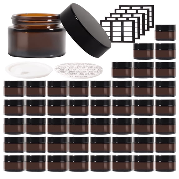 Small Amber Glass Jars with Black Lids,46 Pcs 1 oz Face Cream Salve Jars, Labels & Inner Liners, Empty Cosmetic Containers for Storage Cream,Ointments,sample