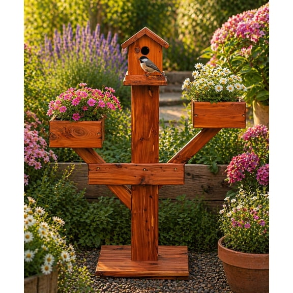 Small Amish Handcrafted Cedar Birdhouse Planter Stand – Solid Red Cedar Outdoor Garden Accent for Songbirds