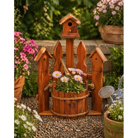 Small Amish Handcrafted Cedar Corner Planter with Birdhouse and Picket Fence  Rustic Red Cedar Garden Decor