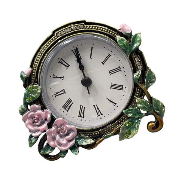 Vintage Miniature Analog Clock Quiet Movement Handcrafts Metal Flower Case Desk Clock for Home Office Decors and Gift