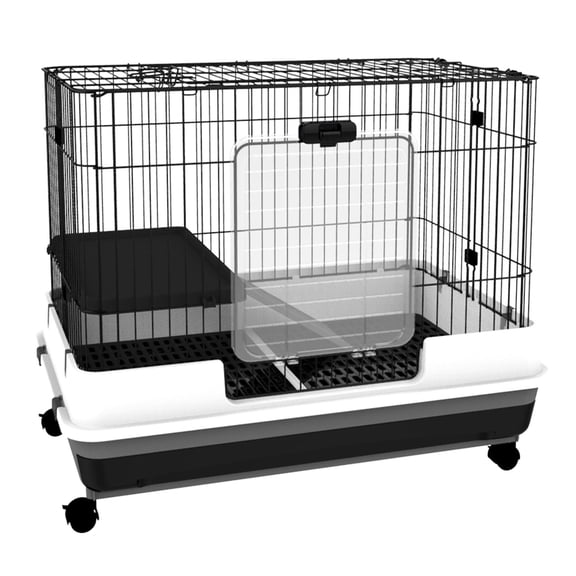 Small Animal Cage 2-Level Rabbit Hutch with Wheels Removable Tray Black for Bunny Chinchillas