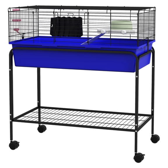 Small Animal Cage Two Story Bunny Habitat, Removable with Stand, Shelf & Wheels - 33" x 18.5" x 35", Blue