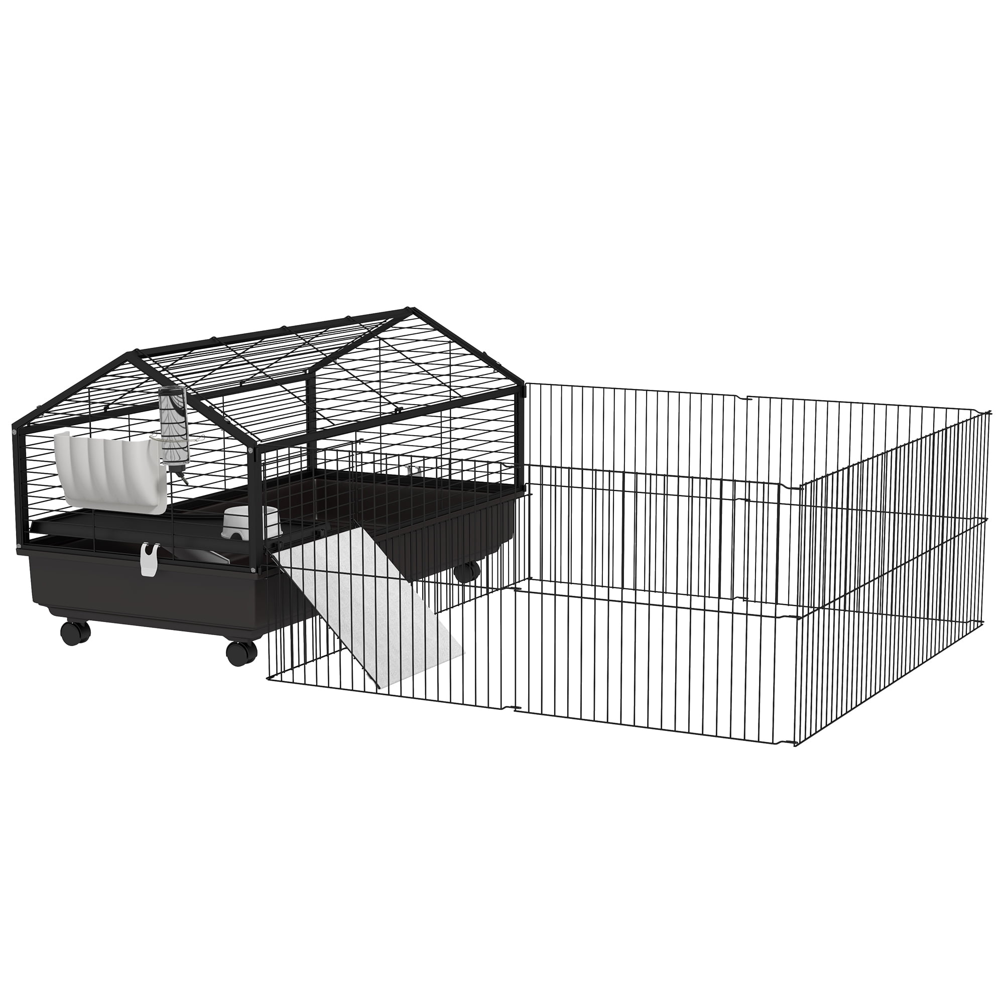 Small Animal Cage with Foldable Run Area, Rolling Bunny Cage, Guinea Pig Cage, Hedgehog Cage with Water Bottle, Water Bowl, and Ramps, 46.5"