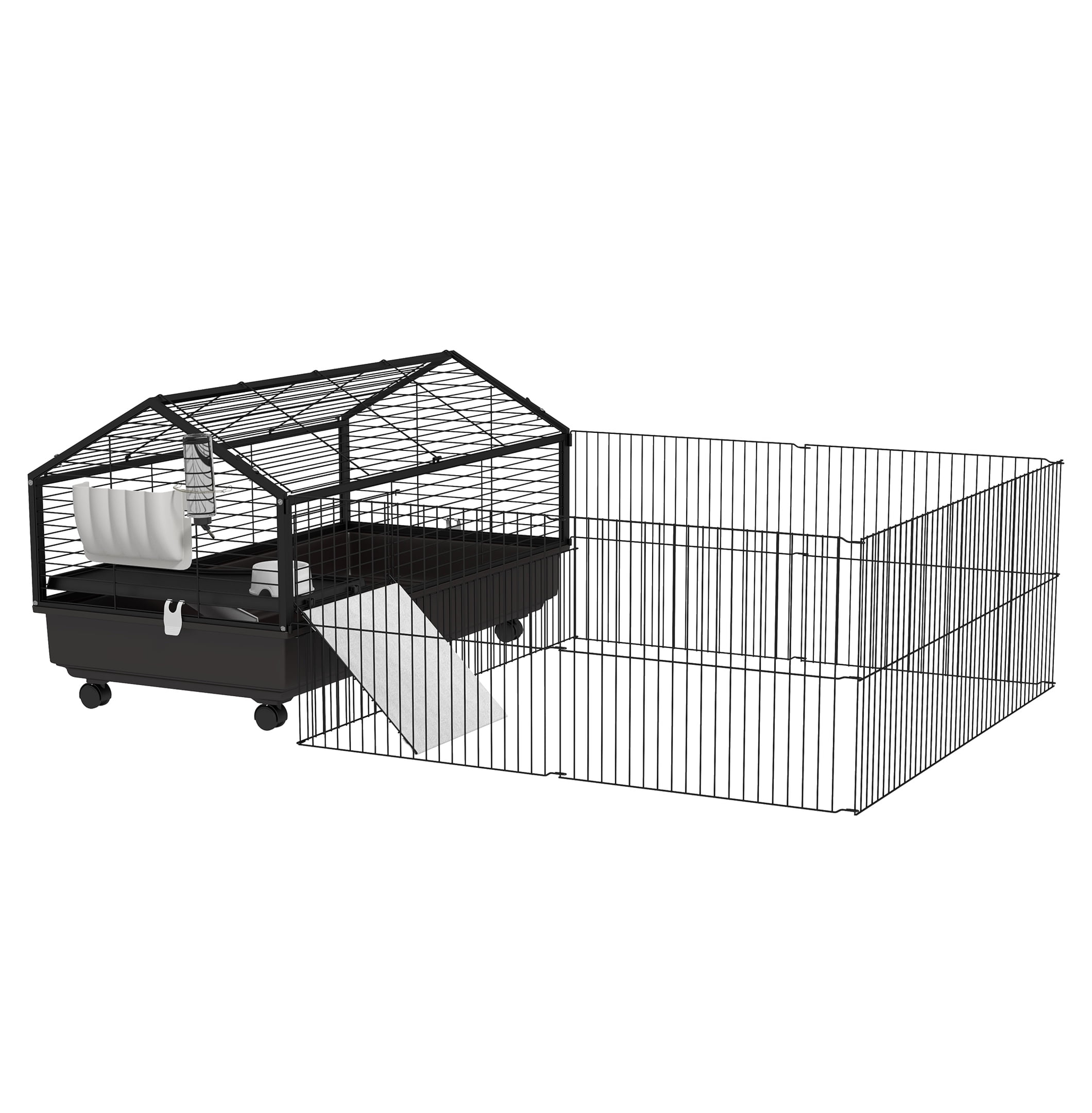 Small Animal Cage with Run, Rolling Bunny Cage, Guinea Pig Habitat, Hedgehog Cage - 46.5" - Includes Bottle, Bowl & Ramps