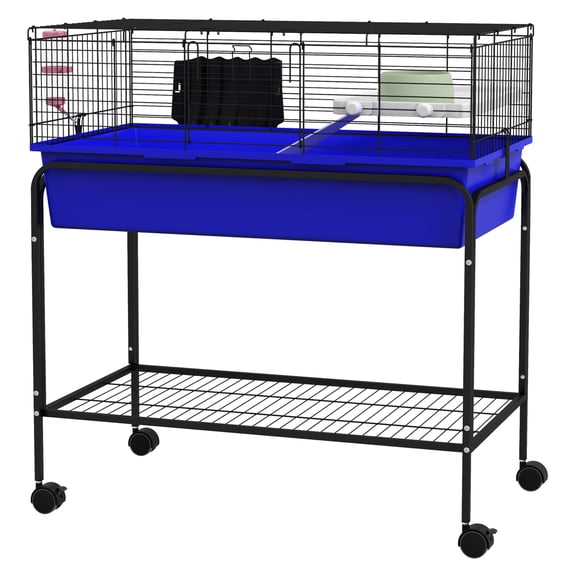 Small Animal Cage with Stand & Wheels, 33" x 18.5" x 35", Removable Habitat for Rabbits, Guinea Pigs, Ferrets, Blue