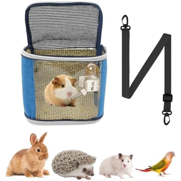 Small Animal Carrier Backpack with Water Bottle, Travel Portable Guinea Pig Hamster Bunny Carrier Sling Pouch, Clear Window Breathable Pet Carrier for Hedgehog Sugar Glider Chinchilla Rat (Gray-Blue)