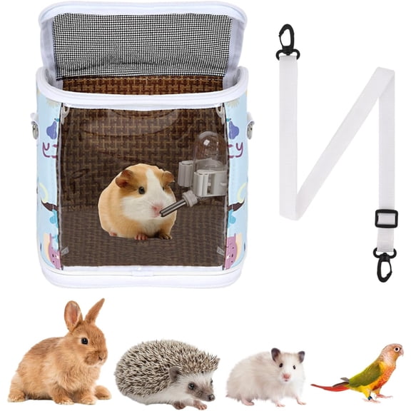 Small Animal Carrier Backpack with Water Bottle, Travel Portable Guinea Pig Hamster Bunny Carrier Sling Pouch, Clear Window Breathable Pet Carrier for Hedgehog Sugar Glider Chinchilla Rat (Gray-Blue)