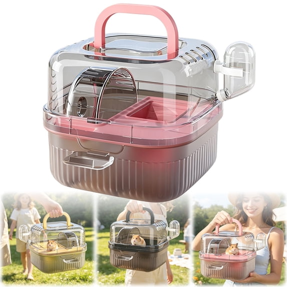 Small Animal Carrier Travel Cage for Hamsters, Clear View Portable Pet Cage with Exercise Wheel, Water Bottle & Non-Slip Top Handle for Gerbils Mice
