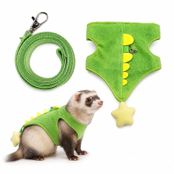 Small Animal Harness and Leash Set, Adjustable Dinosaur Vest with Bell and Star Tail, Textured Plush Walking Harness for Ferrets Guinea Pigs Squirrels, 59 in Lead, 1 Pack (Green)