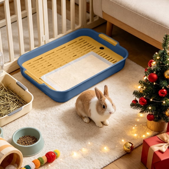 Small Animal Litter Box with Grid, Pet Potty Training Tray for Rabbits Hamsters Guinea Pigs Hedgehogs Chinchillas Ferrets, Easy-Clean Cage Toilet with Splash Guard Fence, Blue, for Cage Training