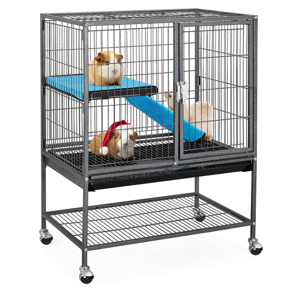 Small Animal Metal Cage, two-tier, with removable ramp, platform & rolling stand, escape-proof for rats, ferrets, chinchillas, rabbits, guinea pigs, ideal for indoor daily raising & rest. Black