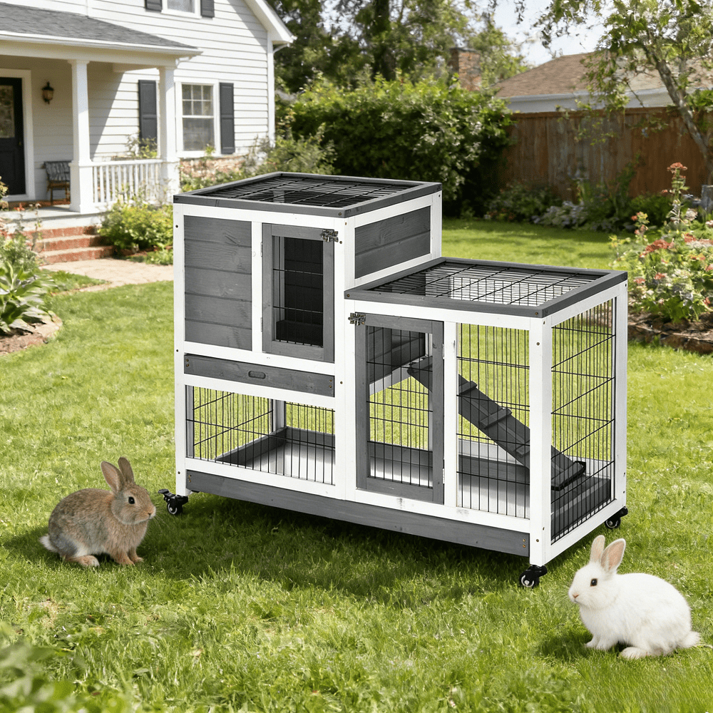 Small Animal Playpen Cage for Rabbits Guinea Pigs Hamsters Medium Size with Wheels Waterproof Fir Wood Lockable Doors Removable Trays Easy Assembly for Indoor Outdoor Use Backyard Garden Pet House