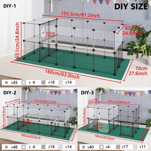 Small Animal Playpen with Oxford Mat, 24 inches Height, Pet Exercise Fence, Home Protector, Iron Mesh and Plastic Combination, Visualization, DIY, Games Hole Series, 60.2 x 24.8 x 24.8inch