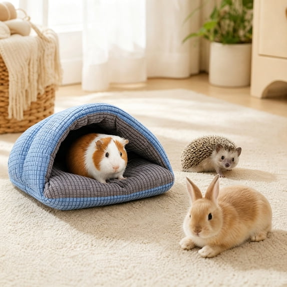 Small Animal Slipper-Style Hideout with Soft Polyester Fabric and Padded Checkered Design, 32 x 30 x 16 cm Cave Bed for Guinea Pigs, Rabbits, Ferrets and Indoor Cage Habitats, Blue