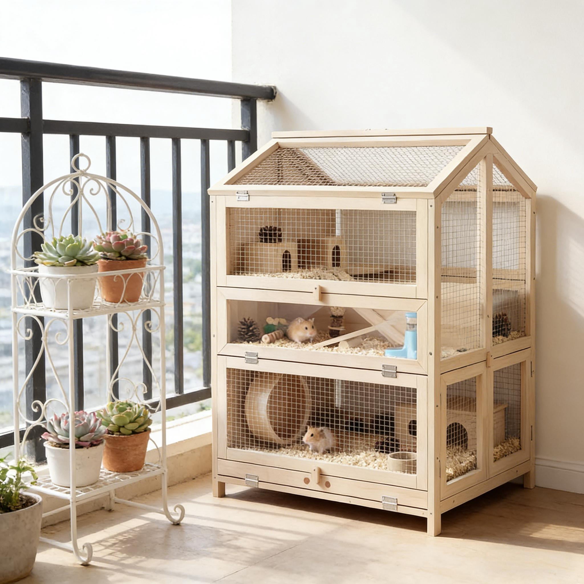 Small Animals Cage,3 Tier Pet Cage,Wooden Hamster Cage