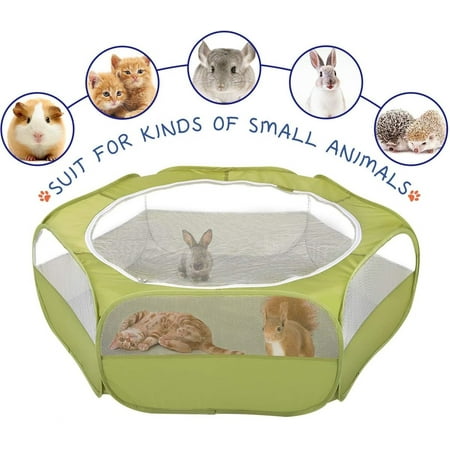 Small Animals Playpen, Waterproof Small Pet Cage Tent with Zippered Cover, Pawaboo Portable Outdoor Yard Fence with 3 Metal Rod for Kitten/Puppy/Guinea Pig/Rabbits/Hamster/Chinchillas, Green