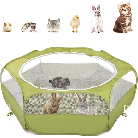 Small Animals Playpen, Waterproof Small Pet Cage Tent with Zippered Cover, Portable Outdoor Yard Fence with 3 Metal Rod for Chick/Kitten/Puppy/Guinea Pig/Rabbits/Hamster/Chinchillas,Green