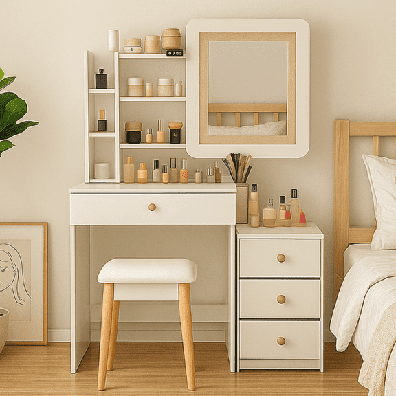 Small Apartment Dressing Table Set, Cabinet with Movable Drawers, Open Storage Shelves, Hidden Mirror Cabinet, Bedroom Dressing Table, Home Dcor, Bedroom Furniture, Christmas Gift.