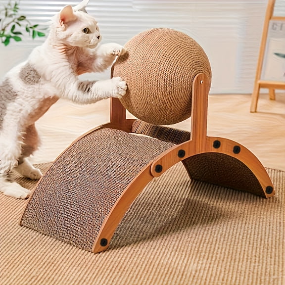 Small Arch Ferris Wheel Cat Scratcher with Dangling Ball Toy, Tall Scratch Post for Claw Sharpening and Play, Plastic Screw Base for Enhanced Stability