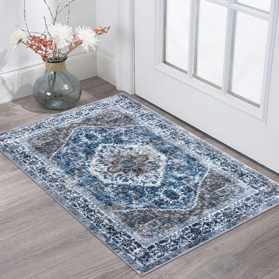 Small Area Rug 2x3 Ft Rugs for Entryway Washable Boho Entry Rug Non Slip Door Mat Indoor Entrance Blue Printed Faux Wool Vintage Printed Kitchen Rug Throw Rugs for Entrance Kitchen Bathroom