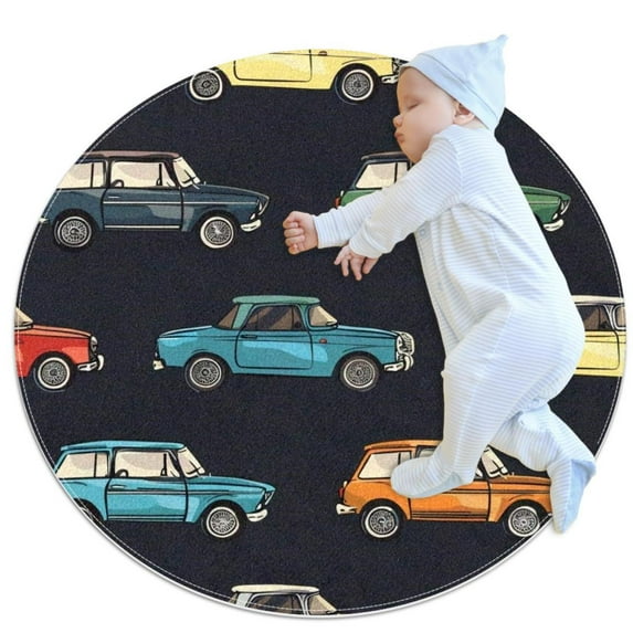 Small Area Rugs Bathroom Rugs Vintage Private Car Non-Slip Throw Rug Floor Carpet Door Mat for Sofa Bedroom Nursery Decor, (Round - 2.6ft Diameter)