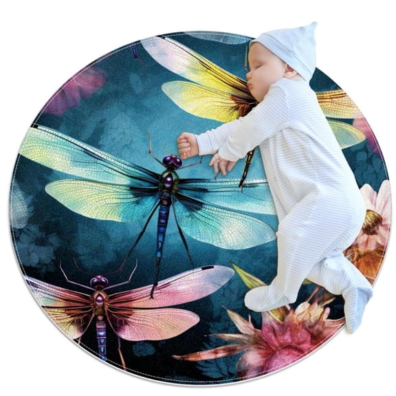 Small Area Rugs Bathroom Rugs Tropical Dragonfly Flower Leave Non-Slip Throw Rug Floor Carpet Door Mat for Sofa Bedroom Nursery Decor, (Round - 2.6ft Diameter)