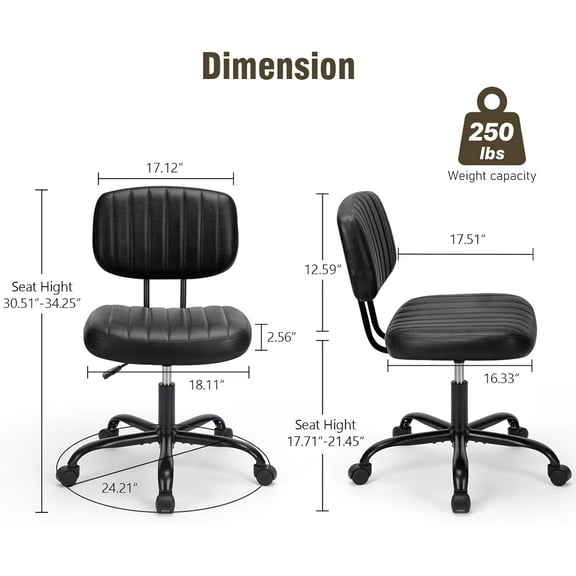 Small Armless Home Desk Chair with Low Back Lumbar Support, Height Adjustable PU Leather Computer Task Chair with 360° Swivel Wheels, for Small Space, Kids and Adults, New Black